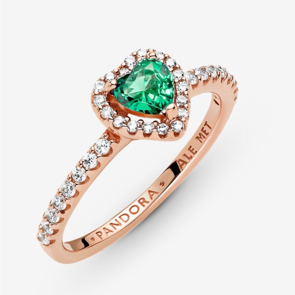 Pandora elevated heart Rose Gold Ring with Emerald Green Heart